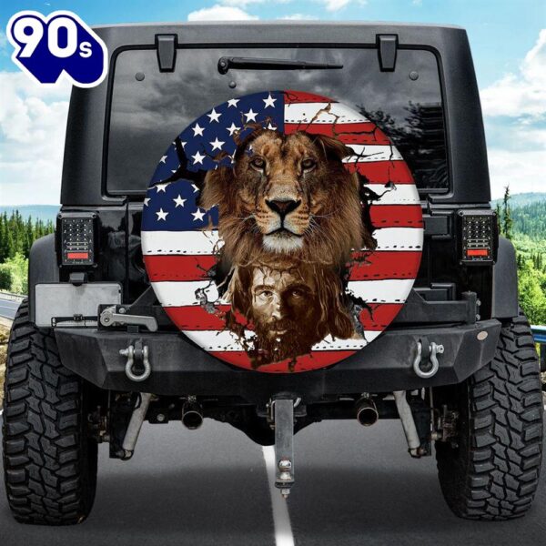 Lion Jesus Spare Tire Cover – American Flag Tire Cover – Christian Tire Cover Car Decor