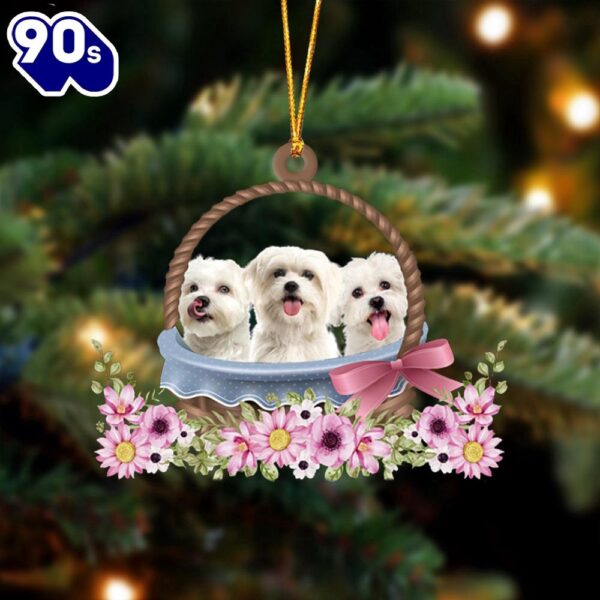 Maltese Dogs In The Basket Ornament, Gift For Christmas