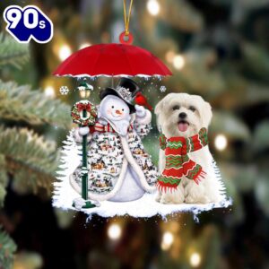 Maltese With Snowman Christmas Ornament,…