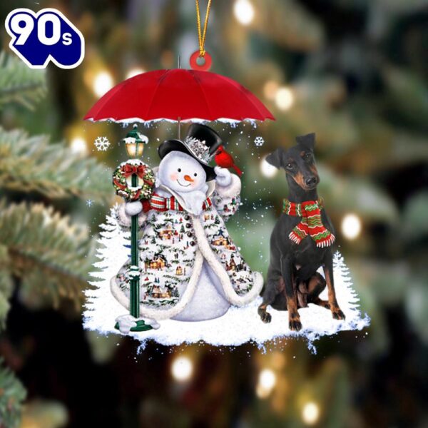 Manchester Terrier With Snowman Christmas Ornament, Gift For Christmas