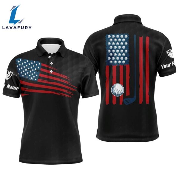 Mens Golf Polo Shirt American Flag Patriotic  Custom Name Golf Gifts For Men Black  Gift Christmas