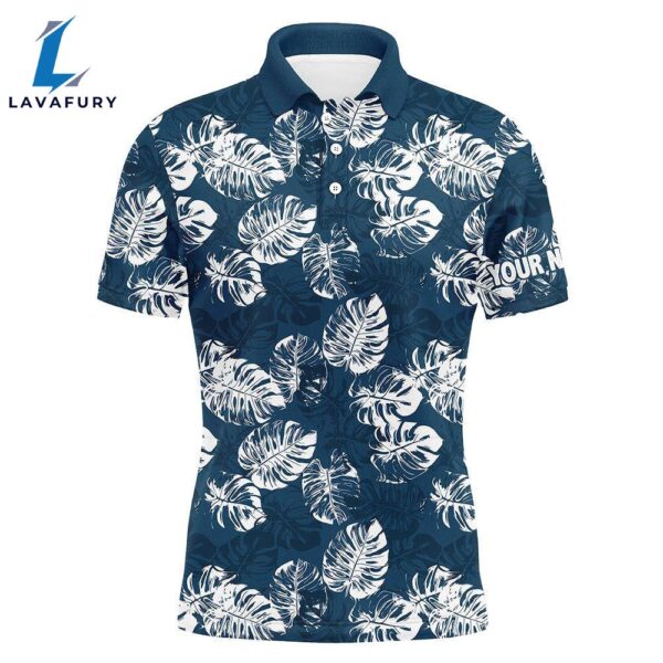 Mens Golf Polo Shirt Custom Blue Tropical Monstera Leaves Pattern Team Golf Tops   Gift Christmas