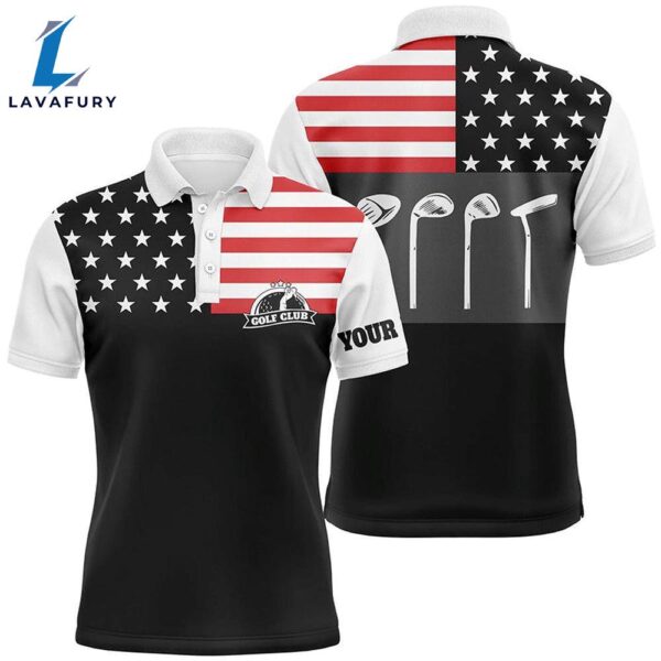 Mens Golf Polo Shirt Golf Club American Flag Patriot Golf Custom Name Black , Golfing Gift  Gift Christmas