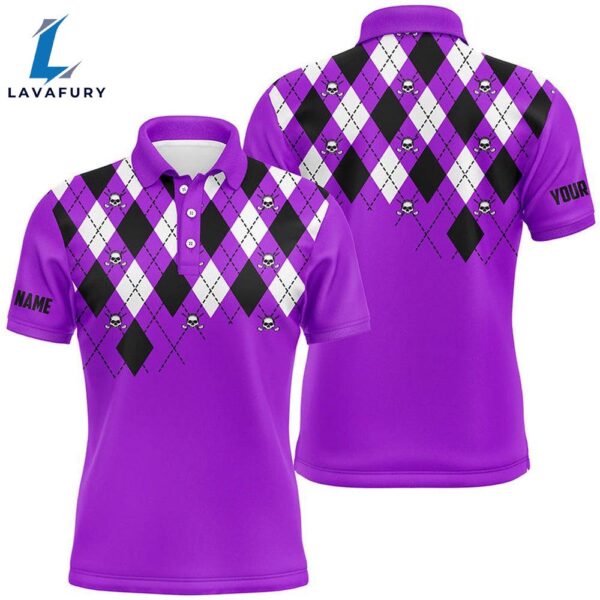 Mens Golf Polo Shirts Purple Argyle Plaid Golf Skull Pattern Custom Mens Purple Golf Tops  Gift Christmas