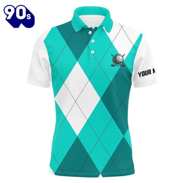 Mens Golf Polo Shirts Turquoise And White Golf Argyle Plaid Pattern  Gift Christmas