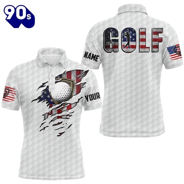 Mens Golf Polo Shirts Vintage American Flag Custom Team , Patriot White Golf Tops  Gift Christmas