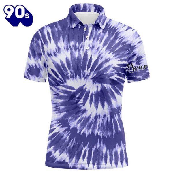 Mens Golf Polo Shirts Violet Purple Tie Dye Background Custom Name , Golfing Gift  Gift Christmas