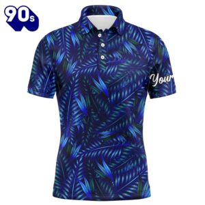 Mens Golf Polo Shirts With Blue Dark Tropical Leaves Custom Name   Gift Christmas