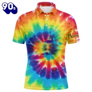 Mens Golf Polo Shirts With Colorful Tie Dye Background Custom Name , Golfing Gift  Gift Christmas