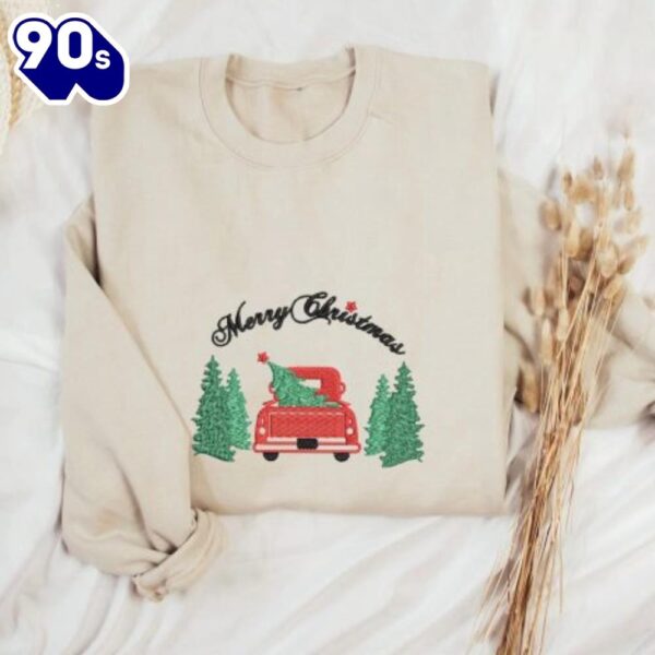 Merry Christmas Embroidered Christmas Truck Holiday Shirt