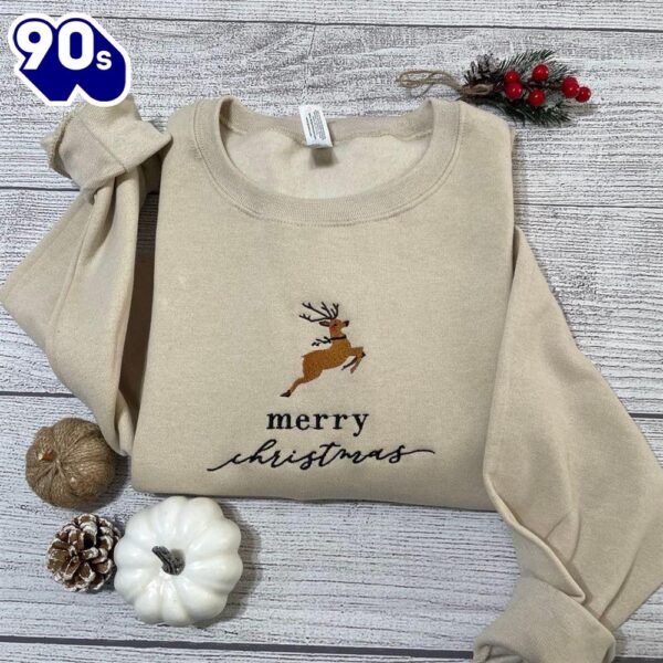 Merry Christmas Embroidered Sweatshirt Reindeer Christmas Crewneck Gift Christmas