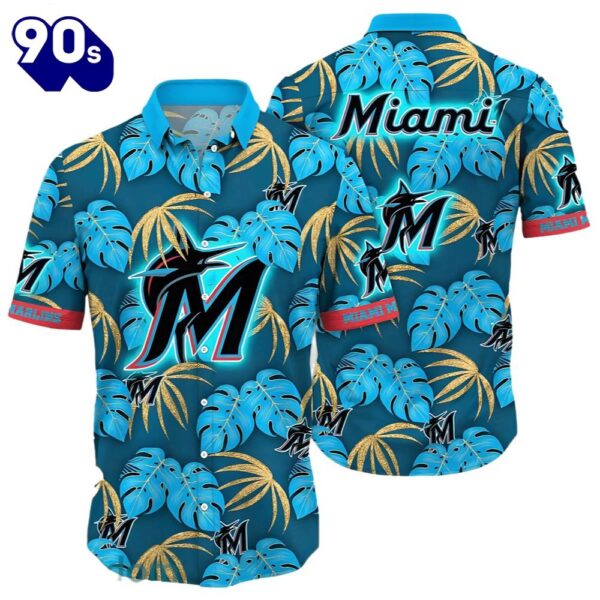 Miami Marlins Hawaiian Button Up Shirts Blue Floral Pattern