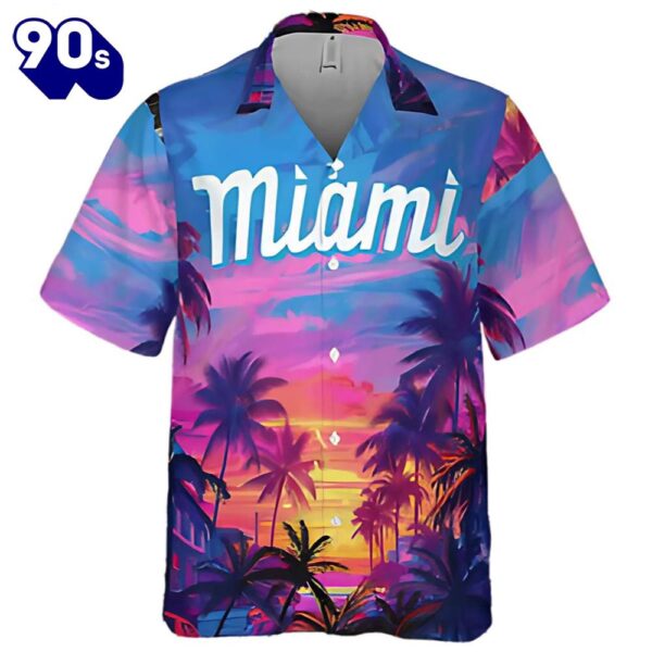 Miami Marlins Hawaiian Button Up Shirts Purple Coconut Tree Pattern