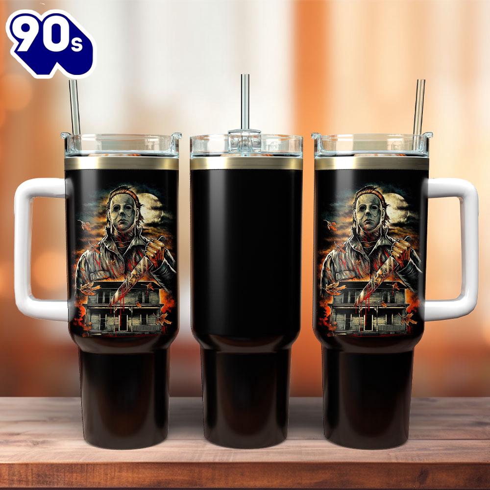 Michael Myers Halloween Movie Custom Stanley Quencher 40oz Stainless Steel Tumbler With Handle For Fans Michael Myers Halloween Movie Custom Stanley Quencher 40oz Stainless Steel Tumbler With Handle For Fans