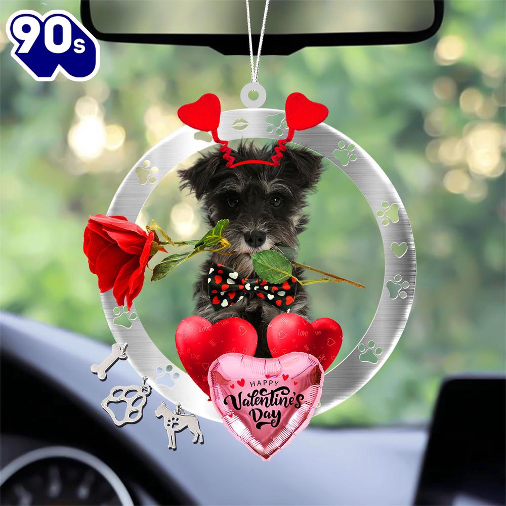 Miniature Schnauzer With Rose & Heart Balloon Ornament, Gift For Christmas Miniature Schnauzer With Rose & Heart Balloon Ornament, Gift For Christmas