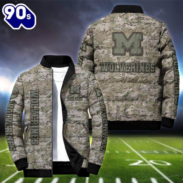 NCAA Camo Vetaran Michigan Wolverines Football Team Puffer Jacket Personalized Your Name  For Men