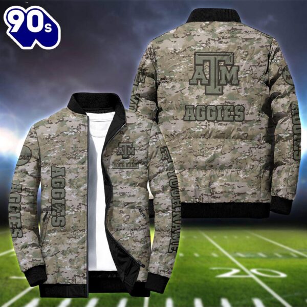 NCAA Camo Vetaran Texas A&M Aggies Football Team Puffer Jacket Personalized Your Name  For Men