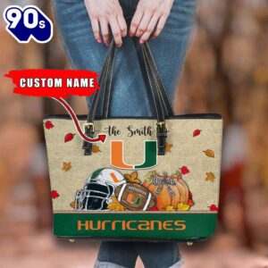 NCAA Miami Hurricanes Fall Football Women Leather Tote Bag