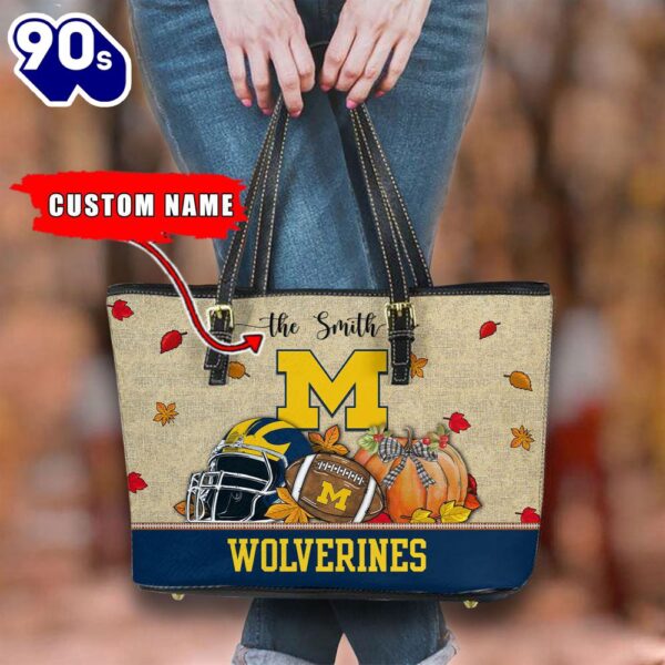 NCAA Michigan Wolverines Fall Football Women Leather Tote Bag