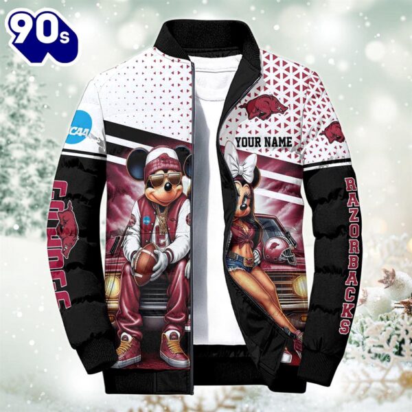 NCAA Mickey And Minnie Mouse Arkansas Razorbacks Puffer Jacket Custom   Gift Christmas