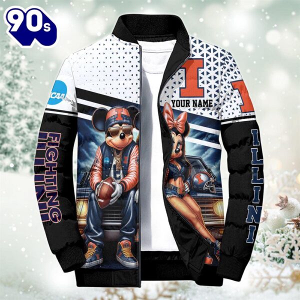 NCAA Mickey And Minnie Mouse Illinois Fighting Illini Puffer Jacket Custom   Gift Christmas