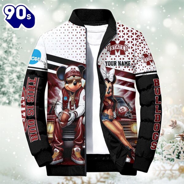 NCAA Mickey And Minnie Mouse Mississippi State Bulldogs Puffer Jacket Custom   Gift Christmas