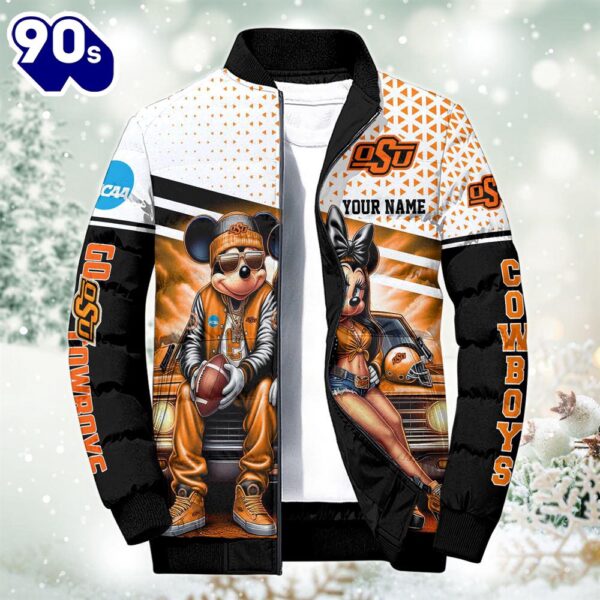 NCAA Mickey And Minnie Mouse Oklahoma State Cowboys Puffer Jacket Custom   Gift Christmas