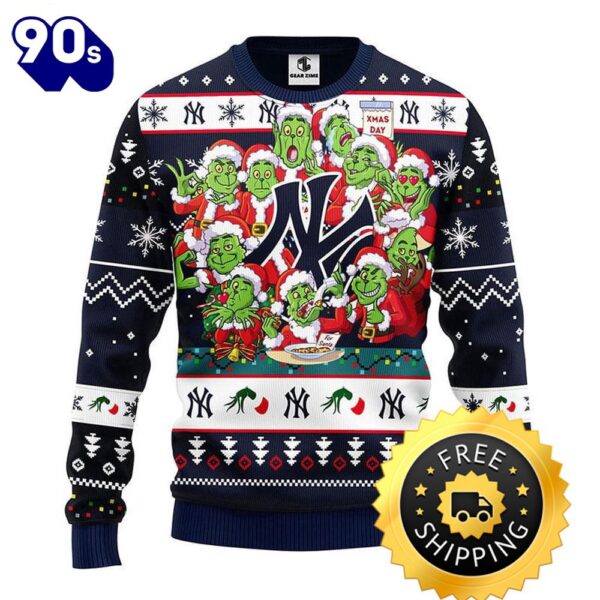 New York Yankees 12 Grinch Xmas Day Ugly Christmas Sweater, New York Yankees Ugly Sweater, MLB Christmas Sweater