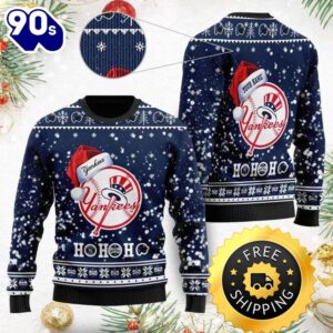 New York Yankees Santa Claus Hat Ho Ho Ho Custom Ugly Christmas Sweater, New York Yankees Ugly Sweater, MLB Christmas Sweater