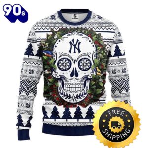 New York Yankees Skull Flower Ugly Christmas Sweater, New York Yankees Ugly Sweater, MLB Christmas Sweater