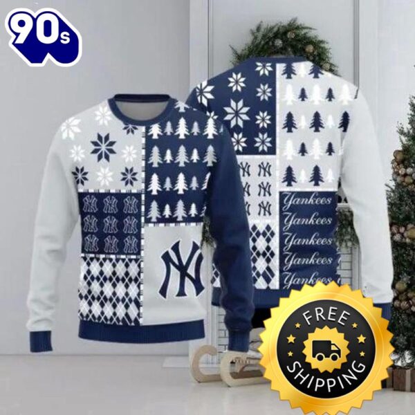 New York Yankees Teams Pine Trees Pattern Knitted Ugly Christmas Sweater, New York Yankees Ugly Sweater, MLB Christmas Sweater