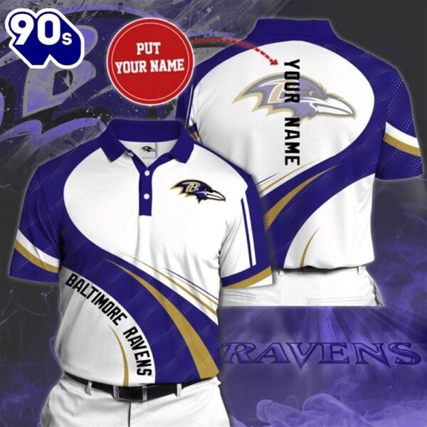 NFL Baltimore Ravens Custom Name White Purple Polo Shirt V4  Gift For Fans