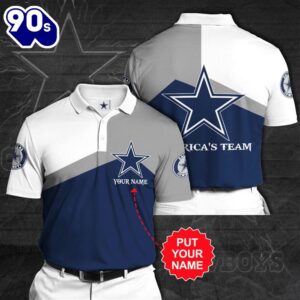 NFL Dallas Cowboys Custom Name White Grey Logo In Heart Polo Shirt  Gift For Fans