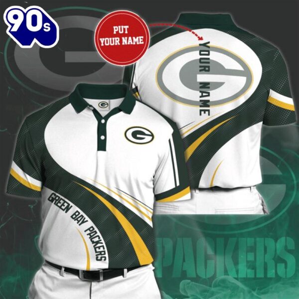 NFL Green Bay Packers Custom Name White Green Curve Polo Shirt  Gift For Fans