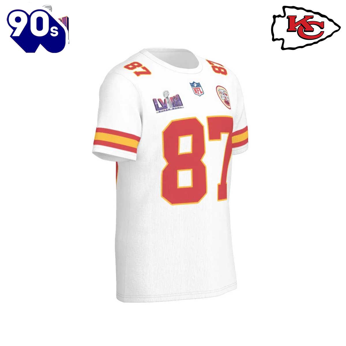 NFL Kansas City Chiefs Travis Kelce 87 Super Bowl VIII White Road Game Jersey T-Shirt NFL Kansas City Chiefs Travis Kelce 87 Super Bowl VIII White Road Game Jersey T-Shirt