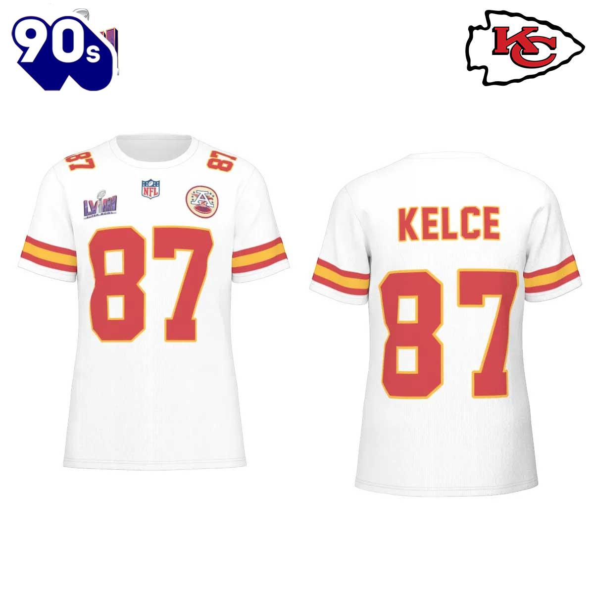 NFL Kansas City Chiefs Travis Kelce 87 Super Bowl VIII White Road Game Jersey T-Shirt NFL Kansas City Chiefs Travis Kelce 87 Super Bowl VIII White Road Game Jersey T-Shirt