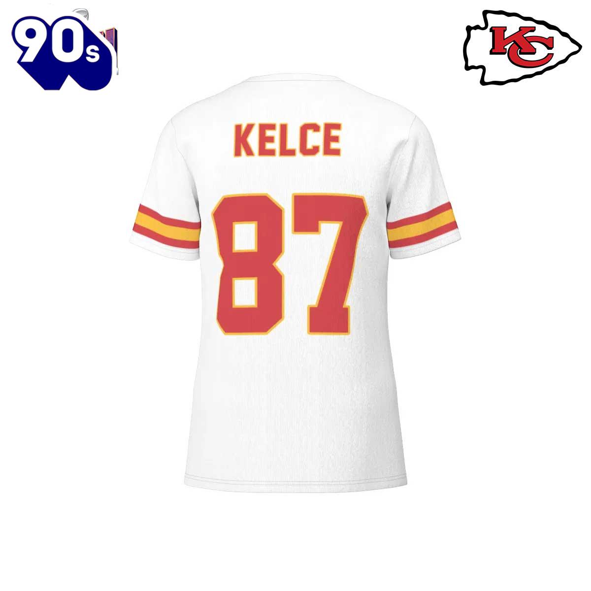 NFL Kansas City Chiefs Travis Kelce 87 Super Bowl VIII White Road Game Jersey T-Shirt NFL Kansas City Chiefs Travis Kelce 87 Super Bowl VIII White Road Game Jersey T-Shirt