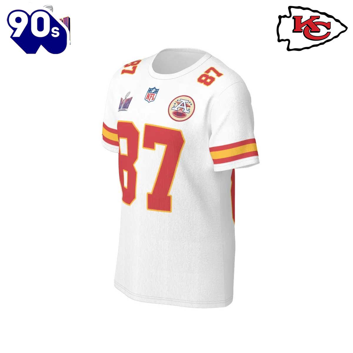 NFL Kansas City Chiefs Travis Kelce 87 Super Bowl VIII White Road Game Jersey T-Shirt NFL Kansas City Chiefs Travis Kelce 87 Super Bowl VIII White Road Game Jersey T-Shirt