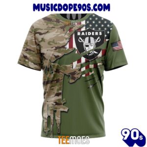 NFL Las Vegas Raiders Custom Name Number Green Camo US Military T-Shirt