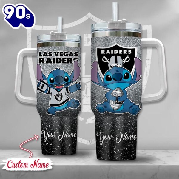 NFL Las Vegas Raiders Stitch Glitter Custom Stanley Quencher 40oz Stainless Steel Tumbler With Handle