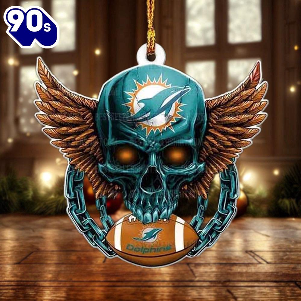 NFL Miami Dolphins Football Skull Christmas Ornament Hanging Decor NFL Miami Dolphins Football Skull Christmas Ornament Hanging Decor