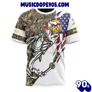 NFL Minnesota Vikings Custom Name Number Fishing With Flag Of USA T-Shirt