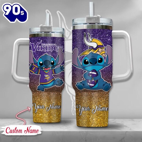 NFL Minnesota Vikings Stitch Glitter Custom Stanley Quencher 40oz Stainless Steel Tumbler With Handle