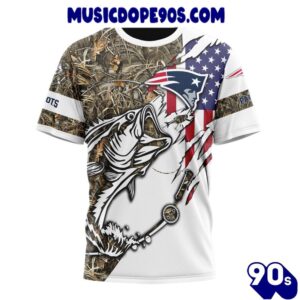 NFL New England Patriots Custom Name Number Fishing With Flag Of USA T-Shirt