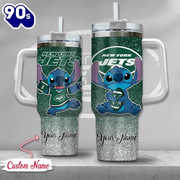 NFL New York Jets Stitch Glitter Custom Stanley Quencher 40oz Stainless Steel Tumbler With Handle