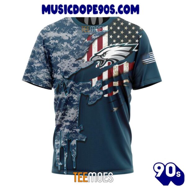 NFL Philadelphia Eagles Custom Name Number Navy Skull Camo Veteran T-Shirt