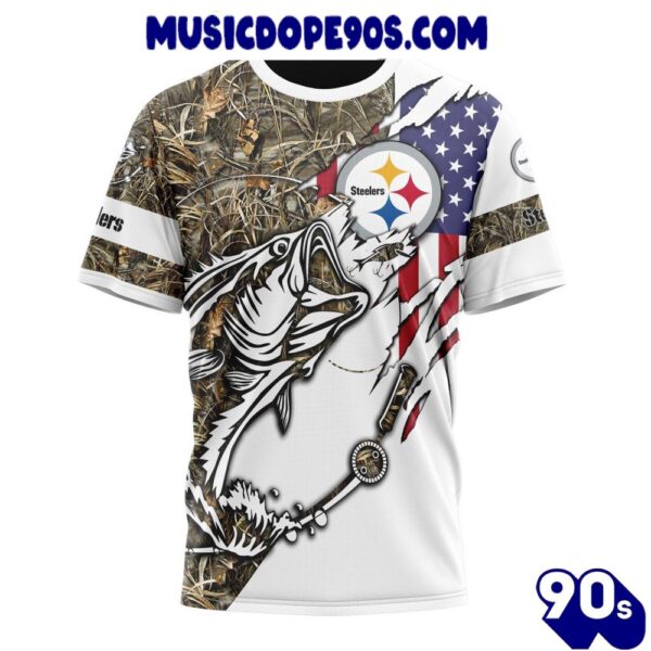 NFL Pittsburgh Steelers Custom Name Number Fishing With Flag Of USA T-Shirt