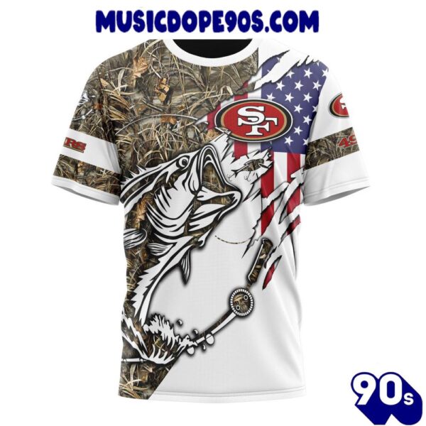 NFL San Francisco 49ers Custom Name Number Fishing With Flag Of USA T-Shirt