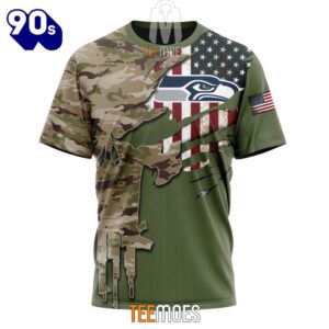 NFL Seattle Seahawks Custom Name Number Green Camo US Military T-Shirt