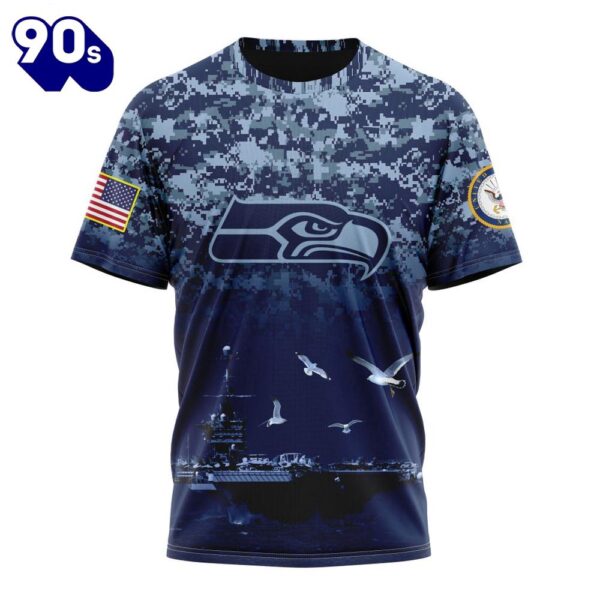 NFL Seattle Seahawks Custom Name Number Honor US Navy Veterans T-Shirt